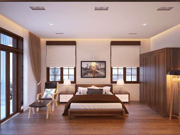 Phòng ngủ gỗ óc chó liên tưởng đến kiến trúc Bắc Mỹ hiện đại và tối giản